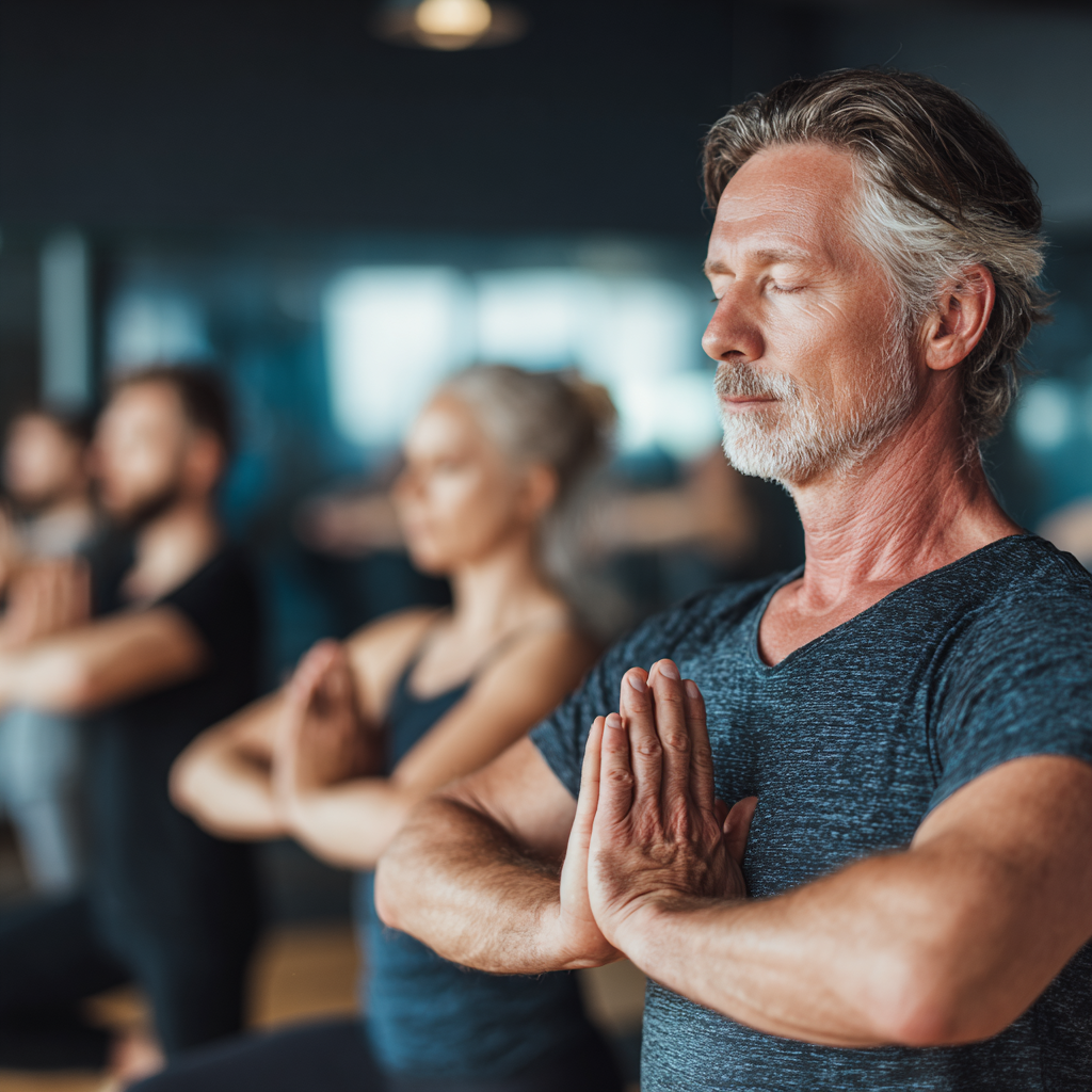 Middle-aged adults practicing mindful movement and stability exercises in a calm fitness environment