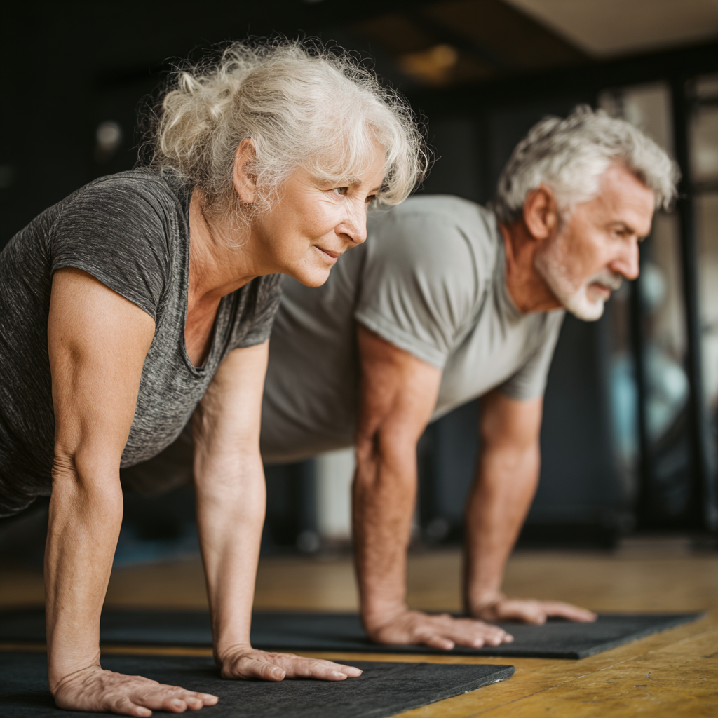 Older adults engaging in gentle strength training and flexibility exercises with professional guidance